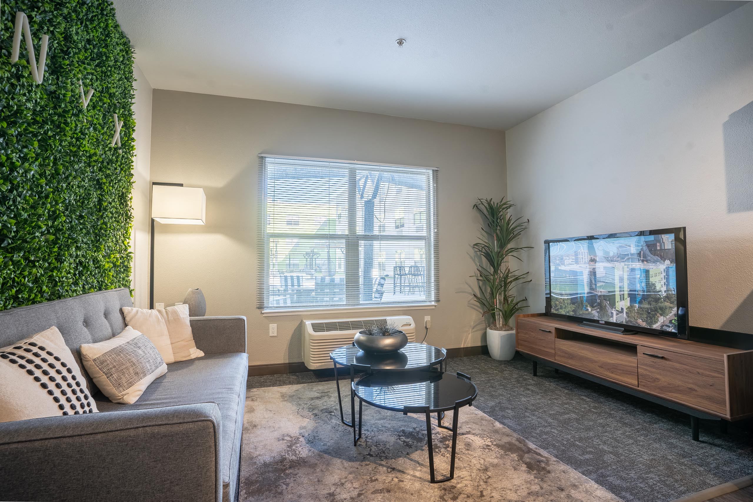 an apartment living room with a couch and a tv